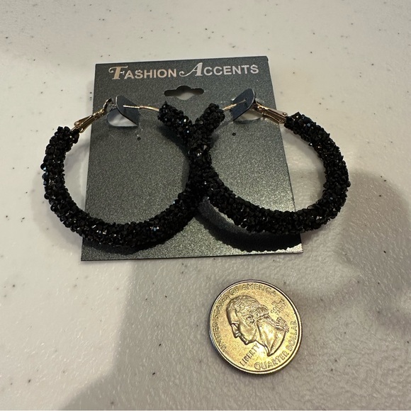 NWT Fashion Accents Earrings - Big Hoops black textured - glitter - Picture 9 of 10